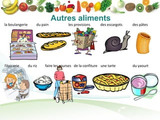 Autres aliments
la boulangerie        du pain            les provisions     des escargots   des pâtes




l’épicerie       du riz    faire les courses de la confiture une tarte      du yaourt
 