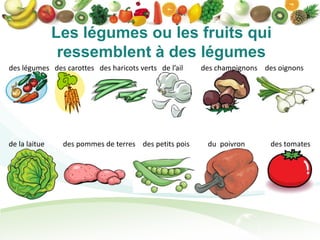 Les légumes ou les fruits qui
                ressemblent à des légumes
des légumes des carottes des haricots verts de l’ail   des champignons des oignons




de la laitue    des pommes de terres des petits pois    du poivron       des tomates
 