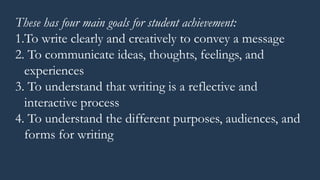 These has four main goals for student achievement:
1.To write clearly and creatively to convey a message
2. To communicate ideas, thoughts, feelings, and
experiences
3. To understand that writing is a reflective and
interactive process
4. To understand the different purposes, audiences, and
forms for writing
 