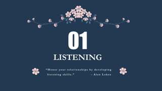 LISTENING
01
“ H o n o r y o u r r e l a t i o n s h i p s b y d e v e l o p i n g
l i s t e n i n g s k i l l s . ” - A l a n L o k o s
 