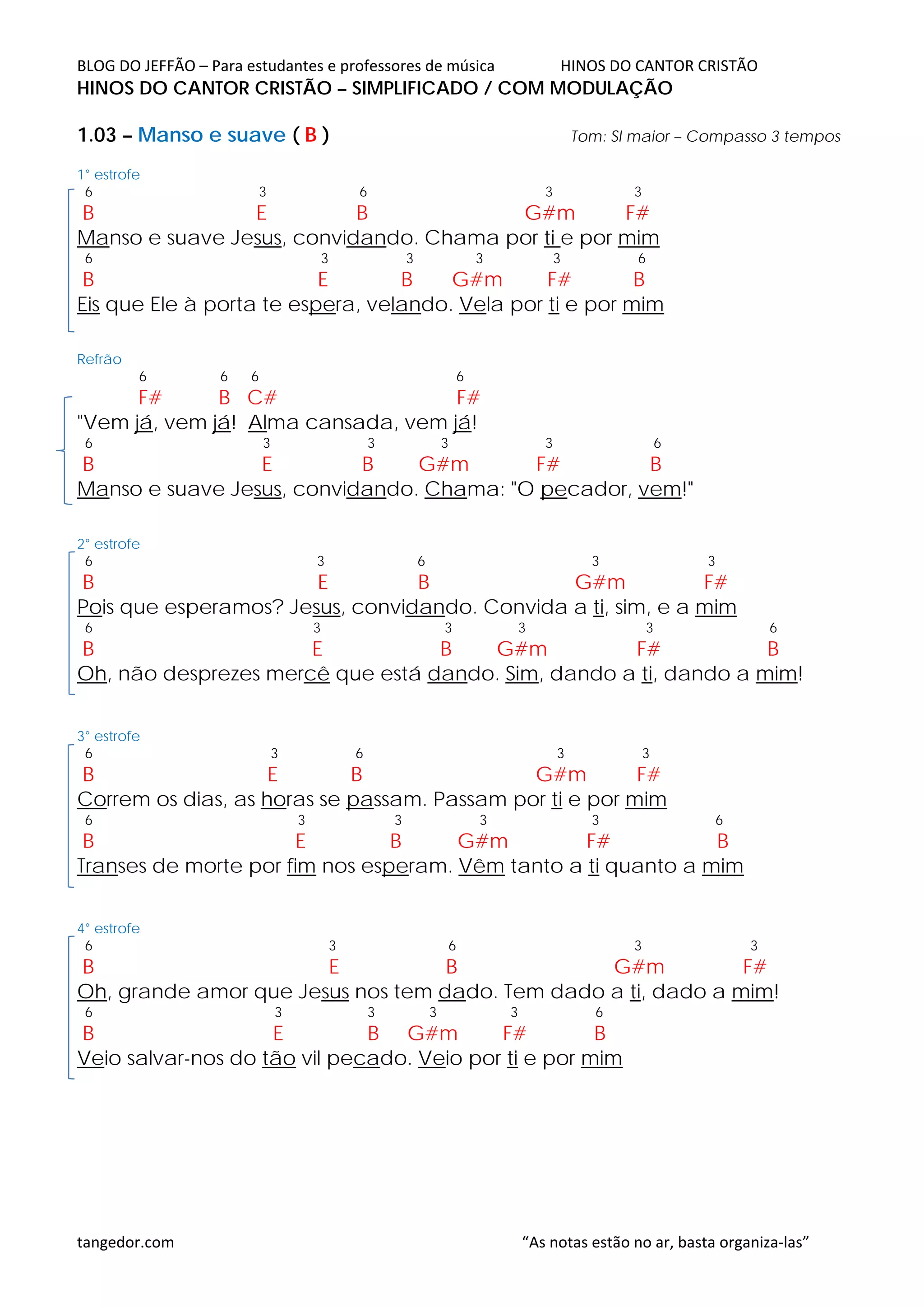 BLOG DO JEFFÃO – Para estudantes e professores de música HINOS DO CANTOR CRISTÃO
HINOS DO CANTOR CRISTÃO – SIMPLIFICADO / COM MODULAÇÃO
1.03 – Manso e suave ( B ) Tom: SI maior – Compasso 3 tempos
1° estrofe
6 3 6 3 3
B E B G#m F#
Manso e suave Jesus, convidando. Chama por ti e por mim
6 3 3 3 3 6
B E B G#m F# B
Eis que Ele à porta te espera, velando. Vela por ti e por mim
Refrão
6 6 6 6
F# B C# F#
"Vem já, vem já! Alma cansada, vem já!
6 3 3 3 3 6
B E B G#m F# B
Manso e suave Jesus, convidando. Chama: "O pecador, vem!"
2° estrofe
6 3 6 3 3
B E B G#m F#
Pois que esperamos? Jesus, convidando. Convida a ti, sim, e a mim
6 3 3 3 3 6
B E B G#m F# B
Oh, não desprezes mercê que está dando. Sim, dando a ti, dando a mim!
3° estrofe
6 3 6 3 3
B E B G#m F#
Correm os dias, as horas se passam. Passam por ti e por mim
6 3 3 3 3 6
B E B G#m F# B
Transes de morte por fim nos esperam. Vêm tanto a ti quanto a mim
4° estrofe
6 3 6 3 3
B E B G#m F#
Oh, grande amor que Jesus nos tem dado. Tem dado a ti, dado a mim!
6 3 3 3 3 6
B E B G#m F# B
Veio salvar-nos do tão vil pecado. Veio por ti e por mim
tangedor.com “As notas estão no ar, basta organiza-las”
 