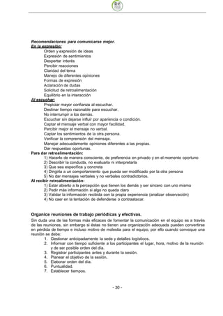 Recomendaciones para comunicarse mejor.
En la expresión:
       Orden y expresión de ideas
       Expresión de sentimientos
       Despertar interés
       Percibir reacciones
       Claridad del tema
       Manejo de diferentes opiniones
       Formas de expresión
       Aclaración de dudas
       Solicitud de retroalimentación
       Equilibrio en la interacción
Al escuchar:
       Propiciar mayor confianza al escuchar.
       Destinar tiempo razonable para escuchar.
       No interrumpir a los demás.
       Escuchar sin dejarse influir por apariencia o condición.
       Captar el mensaje verbal con mayor facilidad.
       Percibir mejor el mensaje no verbal.
       Captar los sentimientos de la otra persona.
       Verificar la comprensión del mensaje.
       Manejar adecuadamente opiniones diferentes a las propias.
       Dar respuestas oportunas.
Para dar retroalimentación:
       1) Hacerlo de manera consciente, de preferencia en privado y en el momento oportuno
       2) Describir la conducta, no evaluarla ni interpretarla
       3) Que sea específica y concreta
       4) Dirigirla a un comportamiento que pueda ser modificado por la otra persona
       5) No dar mensajes verbales y no verbales contradictorios.
Al recibir retroalimentación:
       1) Estar abierto a la percepción que tienen los demás y ser sincero con uno mismo
       2) Pedir más información si algo no queda claro
       3) Validar la información recibida con la propia experiencia (analizar observación)
       4) No caer en la tentación de defenderse o contraatacar.


Organice reuniones de trabajo periódicas y efectivas.
Sin duda una de las formas más eficaces de fomentar la comunicación en el equipo es a través
de las reuniones, sin embargo si éstas no tienen una organización adecuada pueden convertirse
en pérdida de tiempo e incluso motivo de molestia para el equipo, por ello cuando convoque una
reunión se debe:
        1. Gestionar anticipadamente la sede y detalles logísticos.
        2. Informar con tiempo suficiente a los participantes el lugar, hora, motivo de la reunión
           y de ser posible orden del día.
        3. Registrar participantes antes y durante la sesión.
        4. Planear el objetivo de la sesión.
        5. Elaborar orden del día.
        6. Puntualidad.
        7. Establecer tiempos.



                                              - 30
 