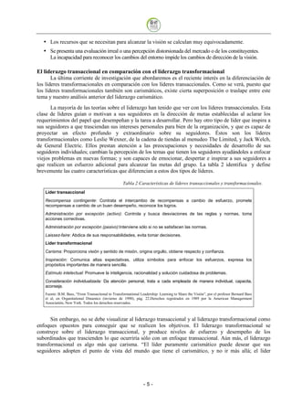 Los recursos que se necesitan para alcanzar la visión se calculan muy equivocadamente.
      Se presenta una evaluación irreal o una percepción distorsionada del mercado o de los constituyentes.
      La incapacidad para reconocer los cambios del entorno impide los cambios de dirección de la visión.

El liderazgo transaccional en comparación con el liderazgo transformacional
       La última corriente de investigación que abordaremos es el reciente interés en la diferenciación de
los líderes transformacionales en comparación con los líderes transaccionales. Como se verá, puesto que
los líderes transformacionales también son carismáticos, existe cierta superposición o traslape entre este
tema y nuestro análisis anterior del liderazgo carismático.
      La mayoría de las teorías sobre el liderazgo han tenido que ver con los líderes transaccionales. Esta
clase de líderes guían o motivan a sus seguidores en la dirección de metas establecidas al aclarar los
requerimientos del papel que desempeñan y la tarea a desarrollar. Pero hay otro tipo de líder que inspira a
sus seguidores a que trasciendan sus intereses personales para bien de la organización, y que es capaz de
proyectar un efecto profundo y extraordinario sobre su seguidores. Éstos son los líderes
transformacionales como Leslie Wexner, de la cadena de tiendas al menudeo The Limited, y Jack Welch,
de General Electric. Ellos prestan atención a las preocupaciones y necesidades de desarrollo de sus
seguidores individuales; cambian la percepción de los temas que tienen los seguidores ayudándoles a enfocar
viejos problemas en nuevas formas; y son capaces de emocionar, despertar e inspirar a sus seguidores a
que realicen un esfuerzo adicional para alcanzar las metas del grupo. La tabla 2 identifica y define
brevemente las cuatro características que diferencian a estos dos tipos de líderes.

                                                   Tabla 2 Características de líderes transaccionales y transformacionales.
   Líder transaccional
   Recompensa contingente: Contrata el intercambio de recompensas a cambio de esfuerzo, promete
   recompensas a cambio de un buen desempeño, reconoce los logros.
   Administración por excepción (activo): Controla y busca desviaciones de las reglas y normas, toma
   acciones correctivas.
   Administración por excepción (pasivo):Interviene sólo si no se satisfacen las normas.
   Laissez-faire: Abdica de sus responsabilidades, evita tomar decisiones.
   Líder transformacional
   Carisma: Proporciona visión y sentido de misión, origina orgullo, obtiene respecto y confianza.
   Inspiración: Comunica altas expectativas, utiliza símbolos para enfocar los esfuerzos, expresa los
   propósitos importantes de manera sencilla.
   Estímulo intelectual: Promueve la inteligencia, racionalidad y solución cuidadosa de problemas.
   Consideración individualizada: Da atención personal, trata a cada empleada de manera individual, capacita,
   aconseja.
   Fuente: B.M. Bass, “From Transactional to Transformational Leadership: Learning to Share the Visión”, por el profesor Bernard Bass
   et al, en Organitational Dinamics (invierno de 1990), pág. 22.Derechos registrados en 1989 por la American Managerment
   Associatión, New York. Todos los derechos reservados.



      Sin embargo, no se debe visualizar al liderazgo transaccional y al liderazgo transformacional como
enfoques opuestos para conseguir que se realicen los objetivos. El liderazgo transformacional se
construye sobre el liderazgo transaccional, y produce niveles de esfuerzo y desempeño de los
subordinados que trascienden lo que ocurriría sólo con un enfoque transaccional. Aún más, el liderazgo
transformacional es algo más que carisma. “El líder puramente carismático puede desear que sus
seguidores adopten el punto de vista del mundo que tiene el carismático, y no ir más allá; el líder




                                                                -5
 