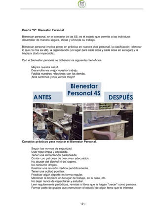 Cuarta "S": Bienestar Personal

Bienestar personal, en el contexto de las 5S, es el estado que permite a los individuos
desarrollar de manera segura, eficaz y cómoda su trabajo.

Bienestar personal implica poner en práctica en nuestra vida personal, la clasificación (eliminar
lo que no nos es útil), la organización (un lugar para cada cosa y cada cosa en su lugar) y la
limpieza (todo impecable).

Con el bienestar personal se obtienen los siguientes beneficios.

       Mejora nuestra salud.
       Desarrollamos mejor nuestro trabajo.
       Facilita nuestras relaciones con los demás.
       ¡Nos sentimos y nos vemos mejor!




Consejos prácticos para mejorar el Bienestar Personal.

       Seguir las normas de seguridad.
       Usar ropa limpia y adecuada.
       Tener una alimentación balanceada.
       Contar con patrones de descanso adecuados.
       No abusar del alcohol ni del cigarro.
       No consumir drogas.
       Realizar una revisión médica periódicamente.
       Tener una actitud positiva.
       Practicar algún deporte en forma regular.
       Mantener la limpieza en tu lugar de trabajo, en tu casa, etc.
       No dejar nunca de capacitarse y estudiar.
       Leer regularmente periódicos, revistas o libros que te hagan "crecer" como persona.
       Formar parte de grupos que promuevan el estudio de algún tema que te interese




                                              - 51
 