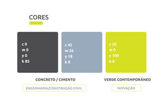 CORES
VERDE CONTEMPORÂNEOCONCRETO / CIMENTO
c 20
m 0
y 100
k 0
c 0
m 0
y 0
k 85
c 42
m 26
y 18
k 0
ENGENHARIA/CONSTRUÇÃO CIVIL INOVAÇÃO
 