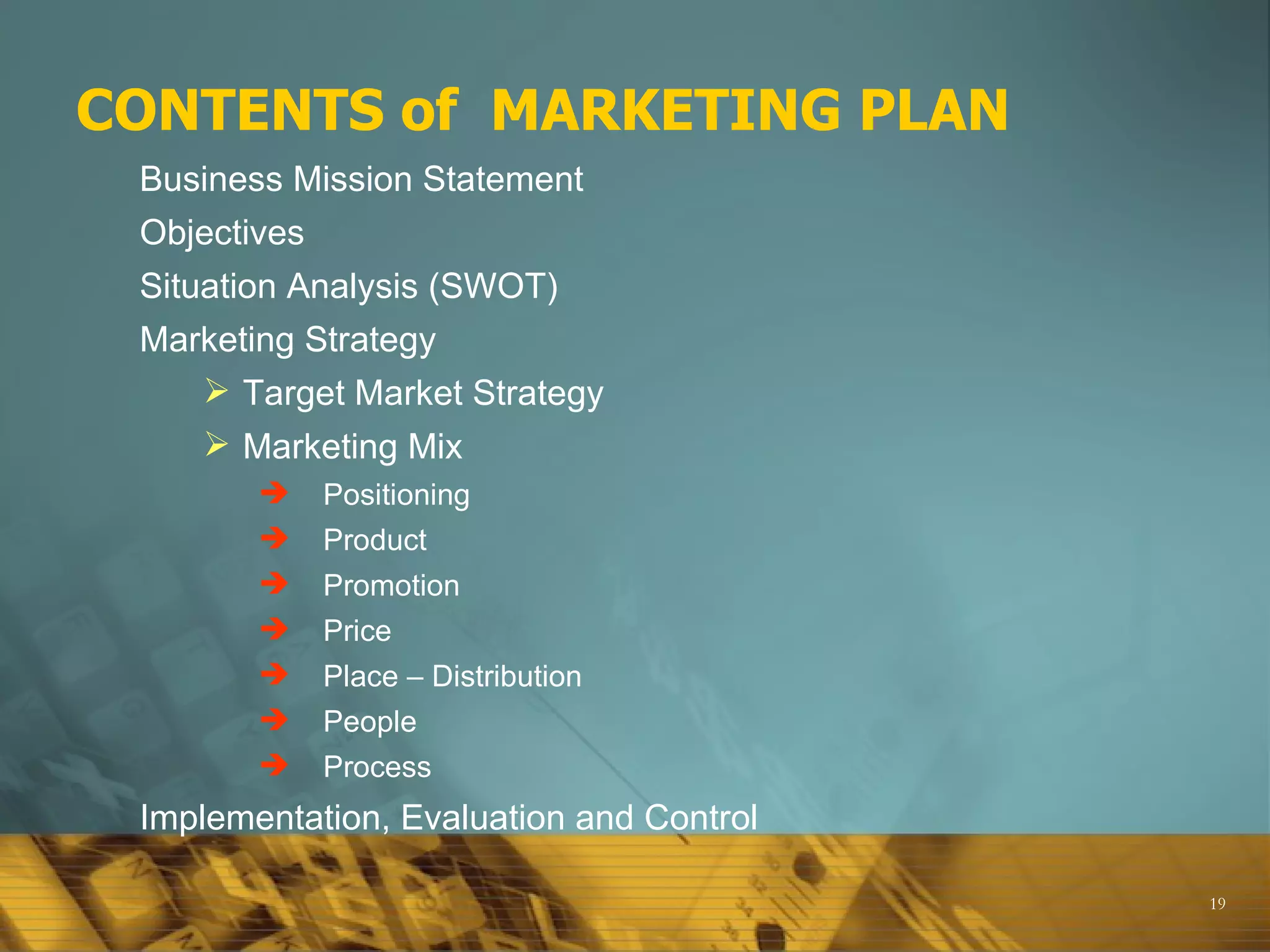 CONTENTS of  MARKETING PLAN  Business Mission Statement Objectives Situation Analysis (SWOT) Marketing Strategy Target Market Strategy Marketing Mix Positioning Product Promotion Price Place – Distribution People Process Implementation, Evaluation and Control 
