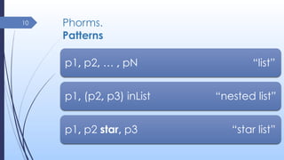 Phorms.
Patterns
10
p1, p2, … , pN “list”
p1, (p2, p3) inList “nested list”
p1, p2 star, p3 “star list”
 