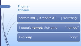 Phorms.
Patterns
11
pattern ==> [ :it :context |… ] “rewriting”
1 equals named: #aName “named”
#var any “any”
 