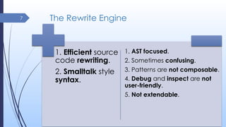 The Rewrite Engine7
1. AST focused.
2. Sometimes confusing.
3. Patterns are not composable.
4. Debug and inspect are not
u...