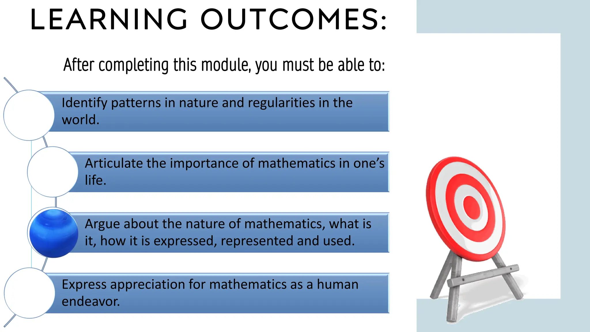 LEARNING OUTCOMES:
1 0
After completing this module, you must be able to:
Identify patterns in nature and regularities in the
world.
Articulate the importance of mathematics in one’s
life.
Argue about the nature of mathematics, what is
it, how it is expressed, represented and used.
Express appreciation for mathematics as a human
endeavor.
 