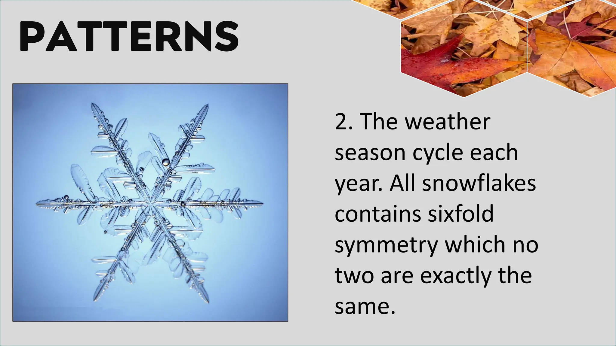 PATTERNS
2. The weather
season cycle each
year. All snowflakes
contains sixfold
symmetry which no
two are exactly the
same.
 