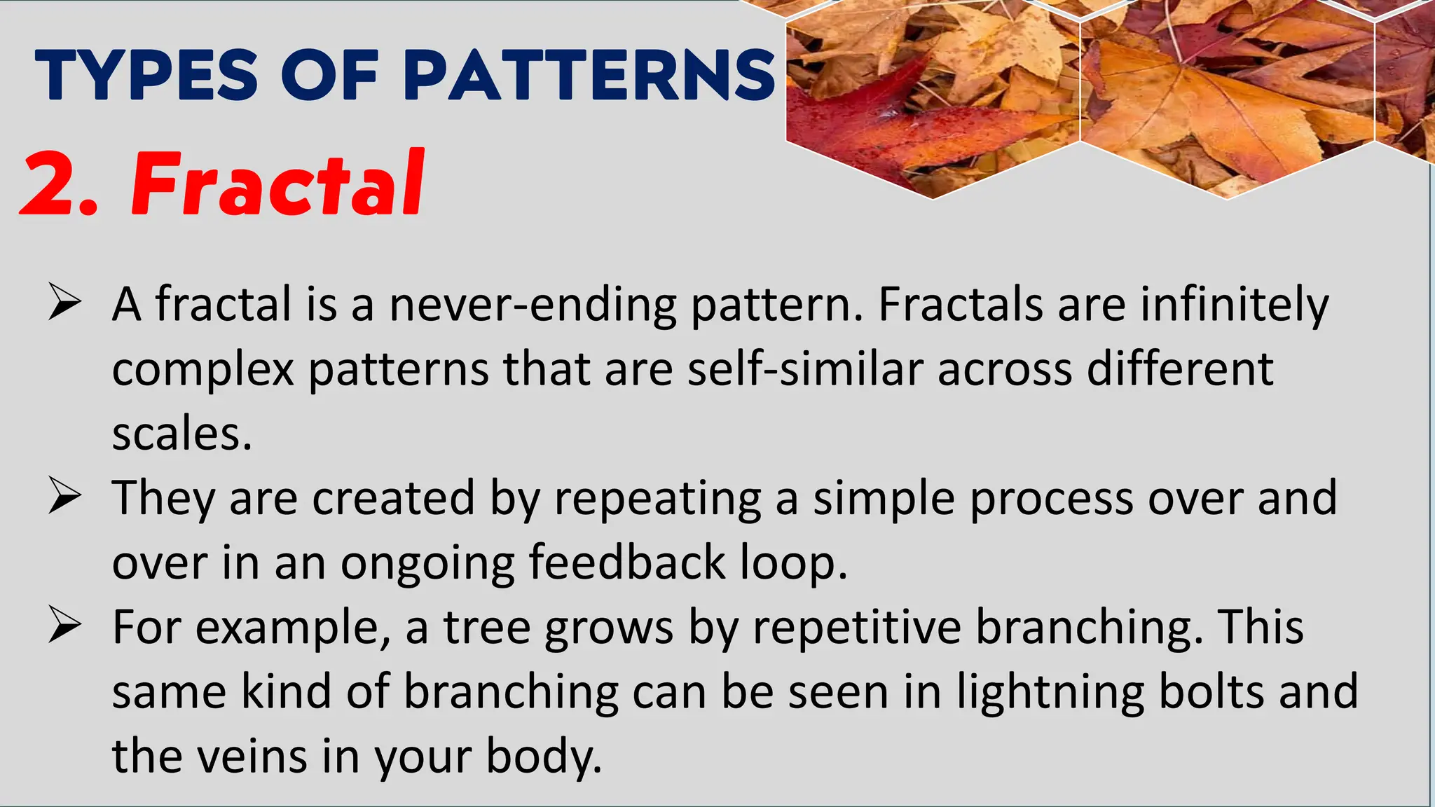 TYPES OF PATTERNS
2. Fractal
➢ A fractal is a never-ending pattern. Fractals are infinitely
complex patterns that are self-similar across different
scales.
➢ They are created by repeating a simple process over and
over in an ongoing feedback loop.
➢ For example, a tree grows by repetitive branching. This
same kind of branching can be seen in lightning bolts and
the veins in your body.
 