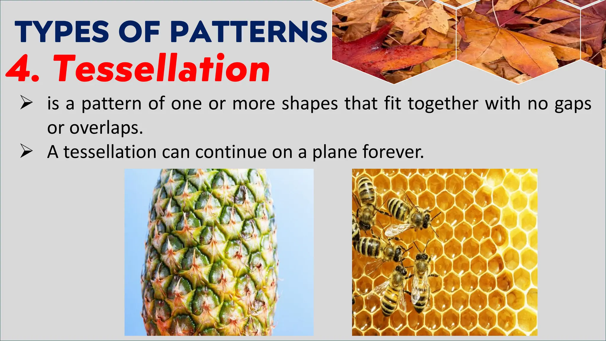 TYPES OF PATTERNS
4. Tessellation
➢ is a pattern of one or more shapes that fit together with no gaps
or overlaps.
➢ A tessellation can continue on a plane forever.
 