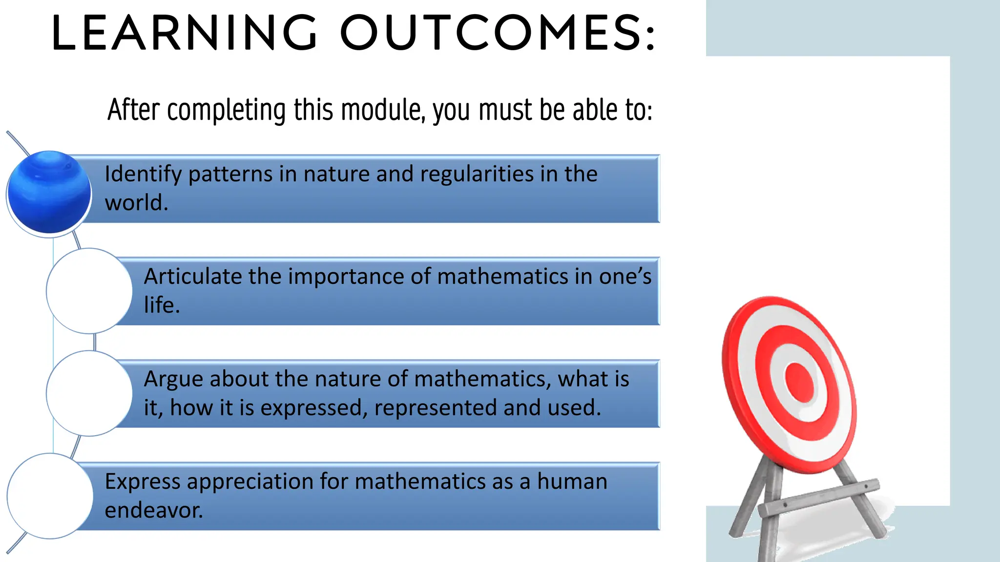 LEARNING OUTCOMES:
8
After completing this module, you must be able to:
Identify patterns in nature and regularities in the
world.
Articulate the importance of mathematics in one’s
life.
Argue about the nature of mathematics, what is
it, how it is expressed, represented and used.
Express appreciation for mathematics as a human
endeavor.
 