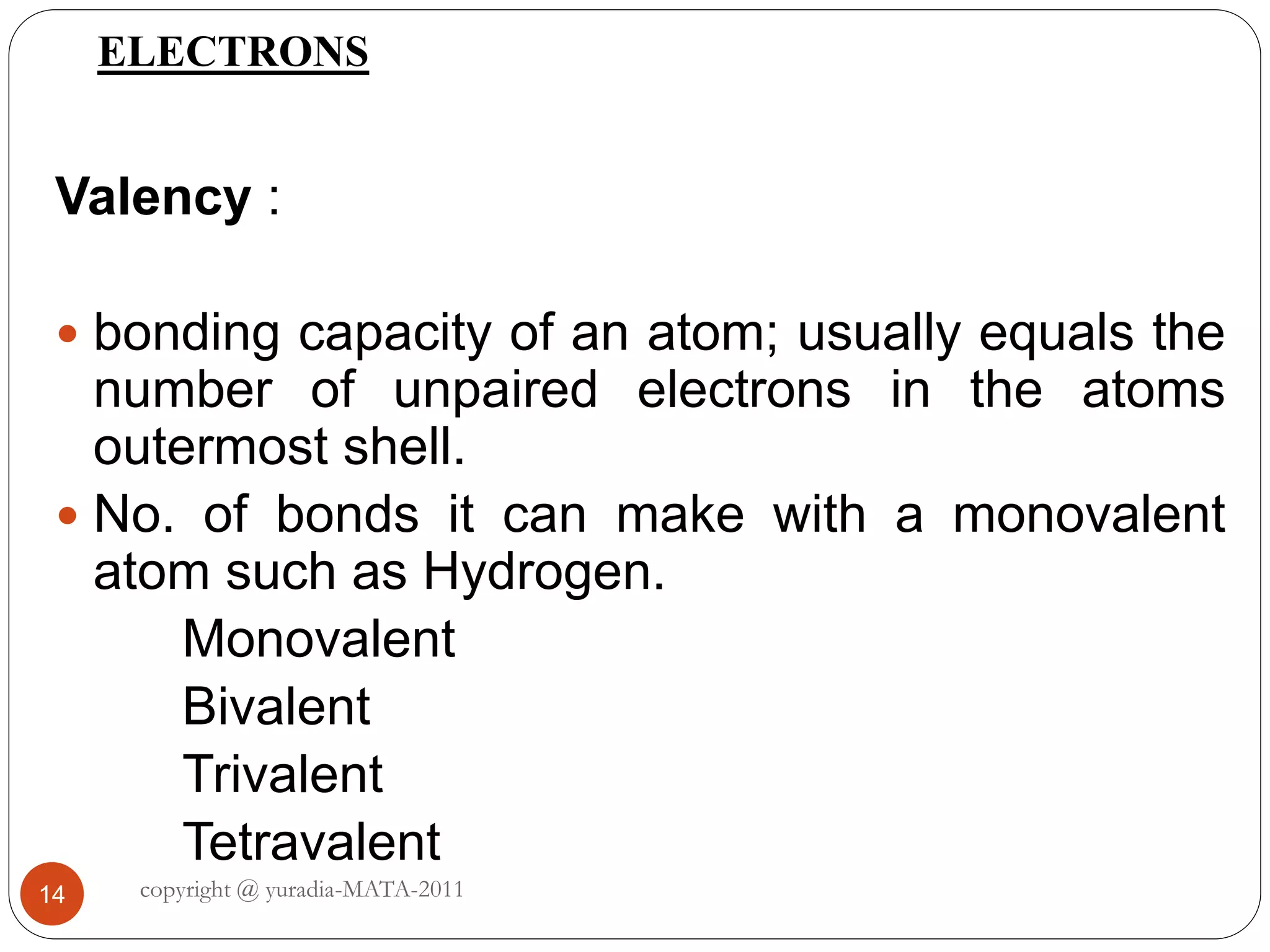 ELECTRONS
14
Valency :
 bonding capacity of an atom; usually equals the
number of unpaired electrons in the atoms
outermost shell.
 No. of bonds it can make with a monovalent
atom such as Hydrogen.
Monovalent
Bivalent
Trivalent
Tetravalent
copyright @ yuradia-MATA-2011
 