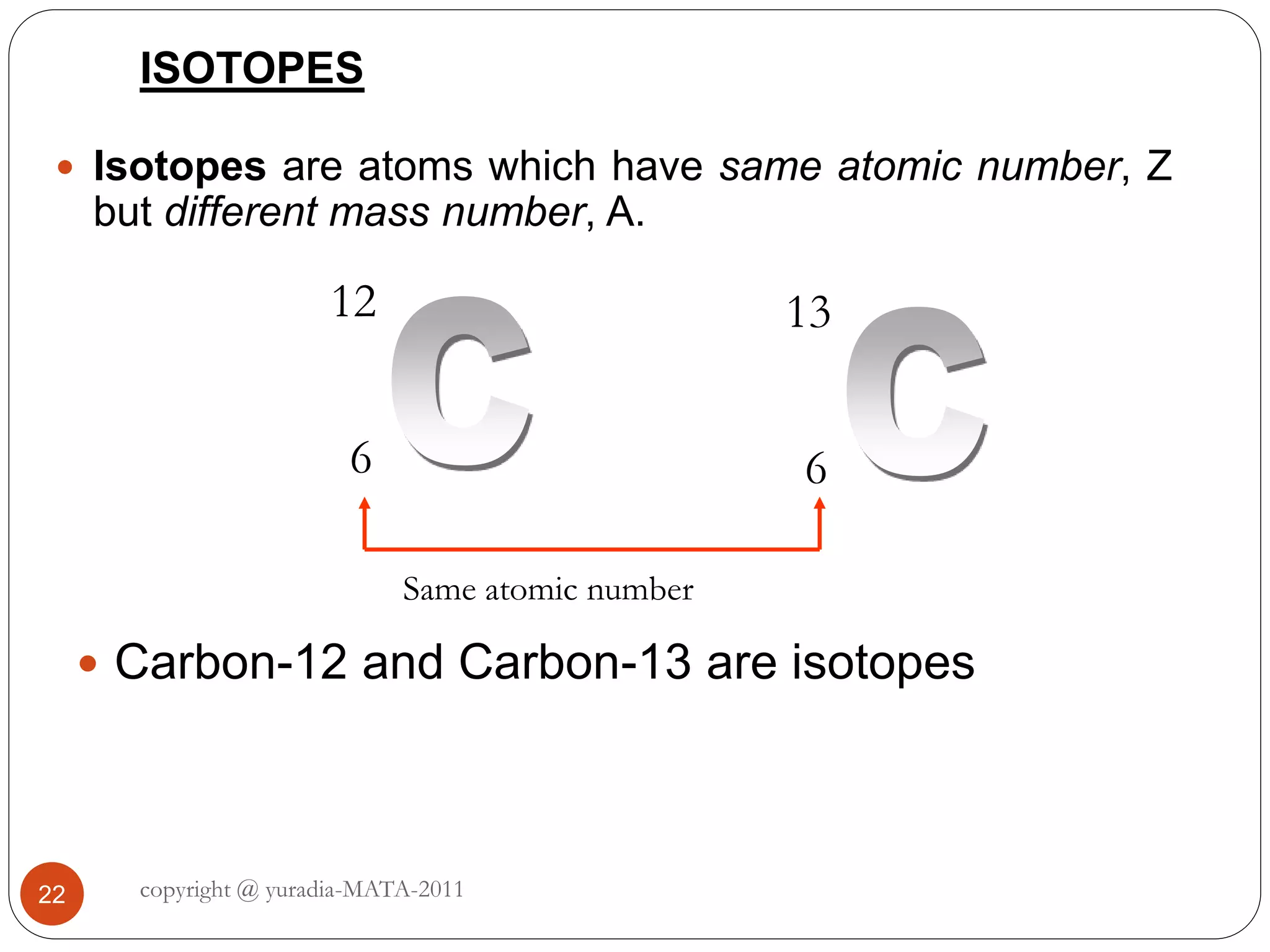 ISOTOPES
 Carbon-12 and Carbon-13 are isotopes
12
6
13
6
Same atomic number
 Isotopes are atoms which have same atomic number, Z
but different mass number, A.
22 copyright @ yuradia-MATA-2011
 