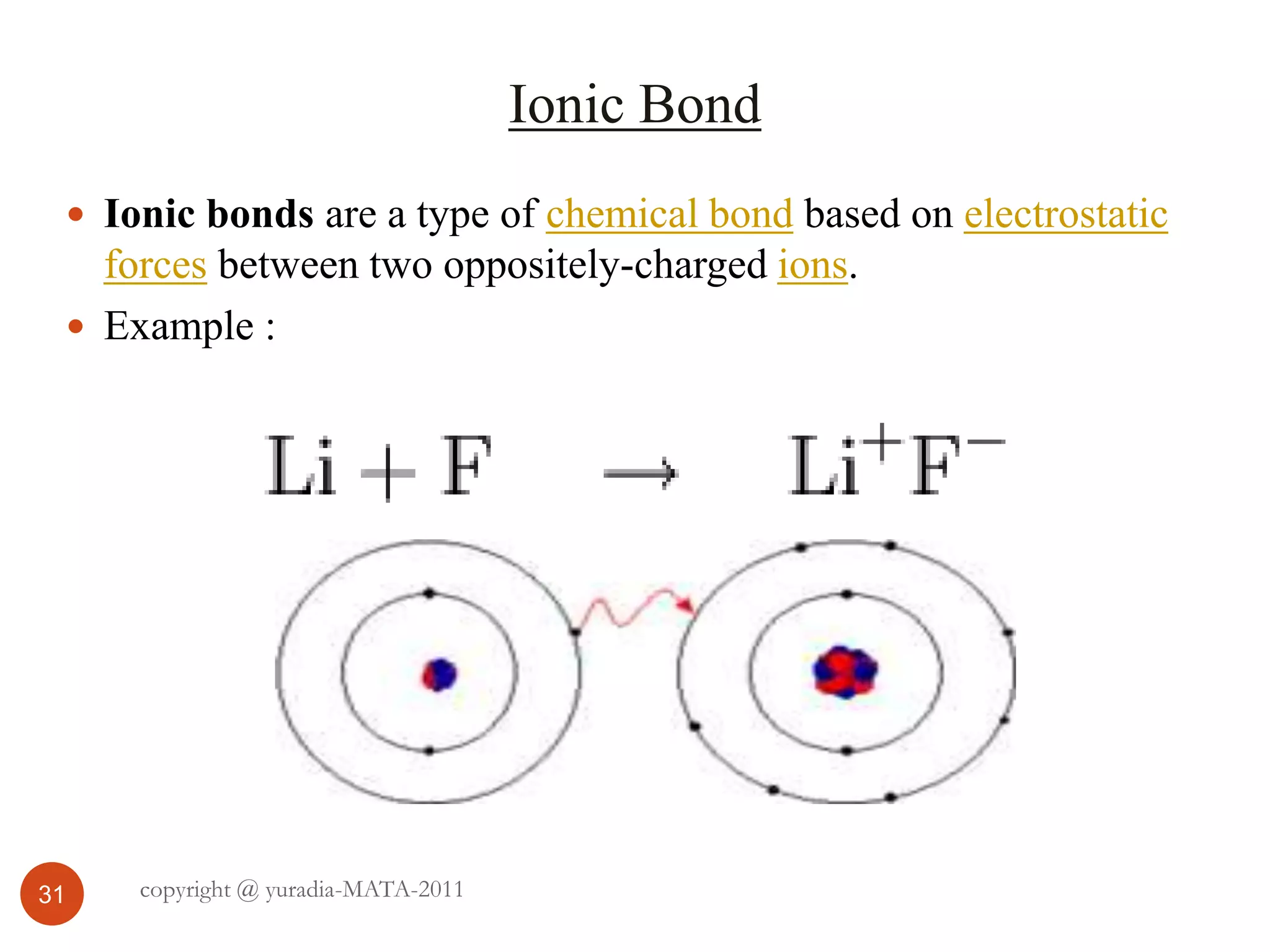 Ionic Bond
 Ionic bonds are a type of chemical bond based on electrostatic
forces between two oppositely-charged ions.
 Example :
31 copyright @ yuradia-MATA-2011
 