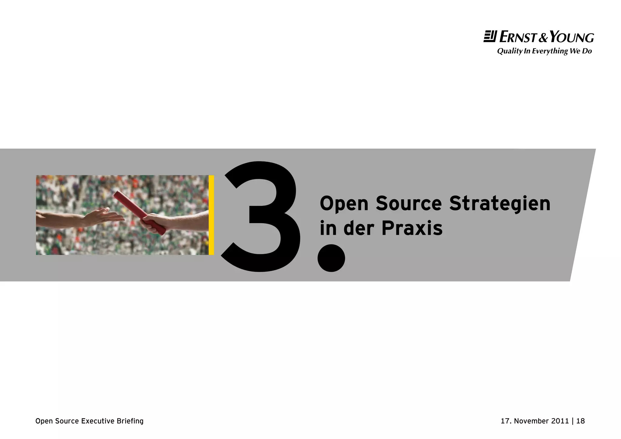 17. November 2011 | 18Open Source Executive Briefing
Open Source Strategien
in der Praxis
3.
 