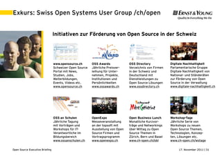 17. November 2011 | 31Open Source Executive Briefing
Exkurs: Swiss Open Systems User Group /ch/open
Initiativen zur Förderung von Open Source in der Schweiz
OSS Awards
Jährliche Preisver-
leihung für Unter-
nehmen, Projekte,
Institutionen und
Persönlichkeiten
www.ossawards.ch
OpenExpo
Messeveranstaltung
an der topsoft mit
Ausstellung von Open
Source Firmen und
Vortragsprogramm
www.openexpo.ch
www.opensource.ch
Schweizer Open Source
Portal mit News,
Studien, Jobs,
Weiterbildungen,
Events, Videos etc.
www.opensource.ch
OSS an Schulen
Jährliche Tagung
mit Vorträgen und
Workshops für IT-
Verantwortliche im
Bildungsbereich
www.ossanschulen.ch
Workshop-Tage
Jährliche Serie von
Workshops zu neuen
Open Source Themen,
Technologien, Konzep-
ten, Lösungen etc.
www.ch-open.ch/wstage
Digitale Nachhaltigkeit
Parlamentarische Gruppe
Digitale Nachhaltigkeit von
National- und Ständeräten
zur Förderung von Open
Source in der Verwaltung
www.digitale-nachhaltigkeit.ch
OSS Directory
Verzeichnis von Firmen
in der Schweiz und
Deutschland mit
Dienstleistungen zu
Open Source Lösungen
www.ossdirectory.ch
Open Business Lunch
Monatliche Kurzvor-
träge und Networkings
über Mittag zu Open
Source Themen in
Zürich, Bern und Basel
www.ch-open.ch/obl
 