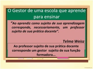 O Gestor de uma escola que aprende para ensinar “ Ao aprendiz como sujeito de sua aprendizagem corresponde, necessariamente, um professor sujeito de sua prática docente”.  Telma Weisz Ao professor sujeito de sua prática docente corresponde um gestor  sujeito de sua função formadora... 