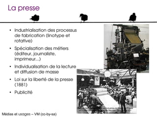 La presse

    ●
        Industrialisation des processus 
        de fabrication (linotype et 
        rotative)
    ●
        Spécialisation des métiers 
        (éditeur, journaliste, 
        imprimeur...)
    ●
        Individualisation de la lecture 
        et diffusion de masse
    ●
        Loi sur la liberté de la presse 
        (1881)
    ●
        Publicité


                                           Marius Vachon : Les Arts et les Industries du Papier en France
                                           1871-1894 (Librairies-Imprimeries Réunies, Paris), page 153

Médias et usages – VM (cc-by-sa)
 