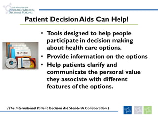 Tools designed to help people participate in decision making about health care options.  Provide information on the options  Help patients clarify and communicate the personal value they associate with different features of the options.  Patient Decision Aids Can Help! (The International Patient Decision Aid Standards Collaboration ) 