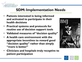 Patients interested in being informed and activated to participate in their health decisions Practical systems and protocols for routine use of decision support tools Validated measures of “decision quality” A health care environment with the appropriate incentives to reward good “decision quality” rather than simply “more is better” Clinicians and hospitals truly receptive to patient participation SDM: Implementation Needs 