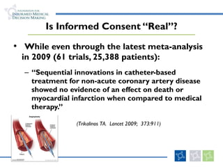 Is Informed Consent “Real”? While even through the latest meta-analysis in 2009 (61 trials, 25,388 patients): “ Sequential innovations in catheter-based treatment for non-acute coronary artery disease showed no evidence of an effect on death or myocardial infarction when compared to medical therapy.” (Trikalinos TA.  Lancet 2009;  373:911) 