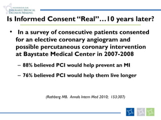 Is Informed Consent “Real”…10 years later? In a survey of consecutive patients consented for an elective coronary angiogram and possible percutaneous coronary intervention at Baystate Medical Center in 2007-2008 88% believed PCI would help prevent an MI 76% believed PCI would help them live longer (Rothberg MB.  Annals Intern Med 2010;  153:307) 