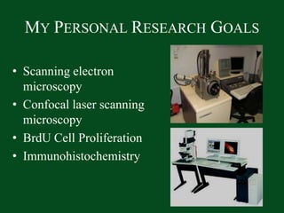 My Personal Research GoalsScanning electron microscopy Confocal laser scanning microscopy BrdU Cell ProliferationImmunohistochemistry