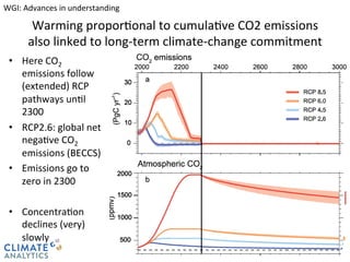 WGI: 
Advances 
in 
understanding 
Warming 
propor@onal 
to 
cumula@ve 
CO2 
emissions 
also 
linked 
to 
long-­‐term 
climate-­‐change 
commitment 
• Here 
CO2 
emissions 
follow 
(extended) 
RCP 
pathways 
un@l 
2300 
• RCP2.6: 
global 
net 
nega@ve 
CLIMATE 
ANALYTICS 
CO2 
emissions 
(BECCS) 
• Emissions 
go 
to 
zero 
in 
2300 
• Concentra@on 
declines 
(very) 
slowly 
 