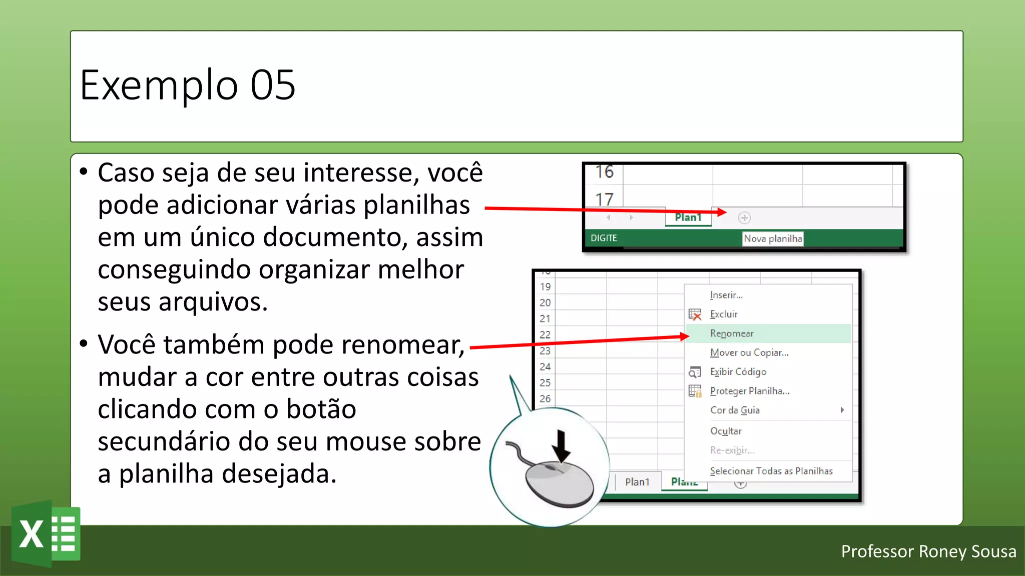 Professor Roney Sousa
Exemplo 05
• Caso seja de seu interesse, você
pode adicionar várias planilhas
em um único documento, assim
conseguindo organizar melhor
seus arquivos.
• Você também pode renomear,
mudar a cor entre outras coisas
clicando com o botão
secundário do seu mouse sobre
a planilha desejada.
 