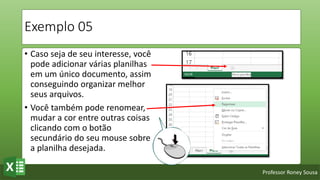 Professor Roney Sousa
Exemplo 05
• Caso seja de seu interesse, você
pode adicionar várias planilhas
em um único documento, assim
conseguindo organizar melhor
seus arquivos.
• Você também pode renomear,
mudar a cor entre outras coisas
clicando com o botão
secundário do seu mouse sobre
a planilha desejada.
 
