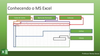 Professor Roney Sousa
Conhecendo o MS Excel
Caixa de nome Barra de Fórmulas Colunas
Linhas
Célula
 