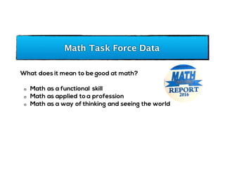 Math Task Force Data
What does it mean to be good at math?
Math as a functional skill
Math as applied to a profession
Math as a way of thinking and seeing the world
 