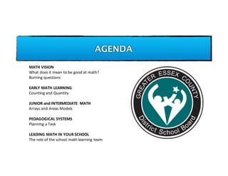 AGENDA
MATH	VISION
What	does	it	mean	to	be	good	at	math?
Burning	questions
EARLY	MATH	LEARNING
Counting	and	Quantity
JUNIO...