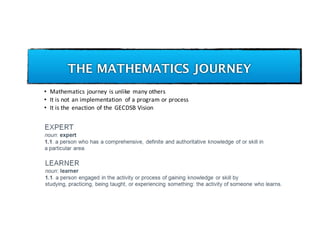 THE MATHEMATICS JOURNEY
• Mathematics	journey	is	unlike	many	others
• It	is	not	an	implementation	 of	a	program	or	process
• It	is	the	 enaction	of	the	GECDSB	Vision
 