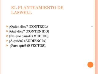 EL PLANTEAMIENTO DE LASWELL  ¿Quién dice? (CONTROL) ¿Qué dice? (CONTENIDO)  ¿En qué canal? (MEDIOS)  ¿A quién? (AUDIENCIA)  ¿Para qué? (EFECTOS). 4 