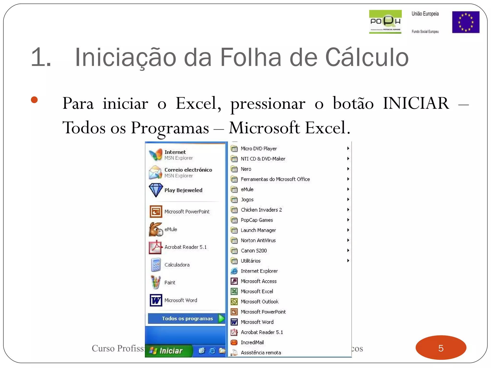 Iniciação da Folha de Cálculo Para iniciar o Excel, pressionar o botão INICIAR – Todos os Programas – Microsoft Excel. Curso Profissional - Técnico de Gestão de Equipamentos Informáticos 