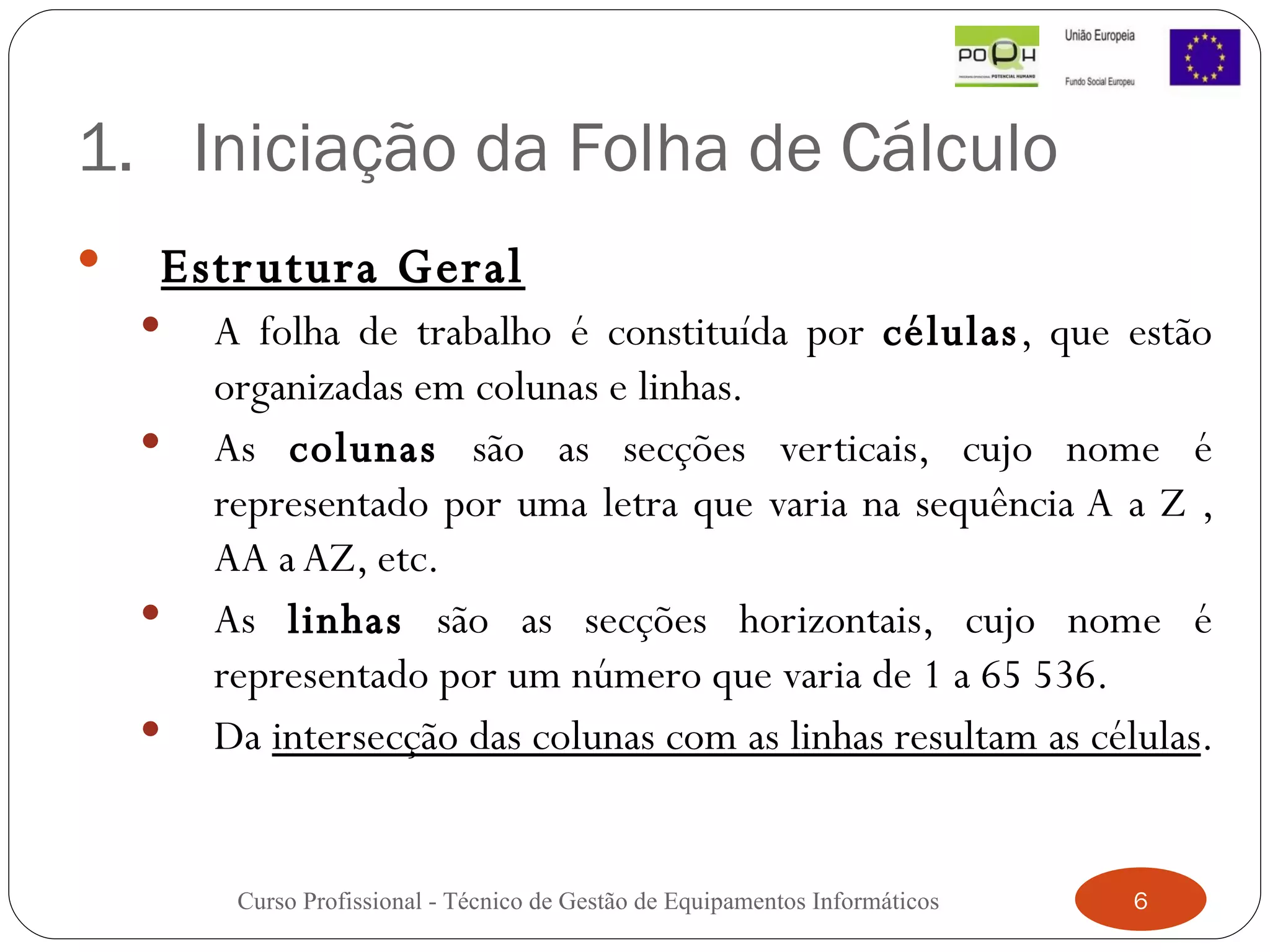 Iniciação da Folha de Cálculo Estrutura Geral A folha de trabalho é constituída por  células , que estão organizadas em colunas e linhas.  As  colunas  são as secções verticais, cujo nome é representado por uma letra que varia na sequência A a Z , AA a AZ, etc. As  linhas  são as secções horizontais, cujo nome é representado por um número que varia de 1 a 65 536.  Da  intersecção das colunas com as linhas resultam as células .  Curso Profissional - Técnico de Gestão de Equipamentos Informáticos 