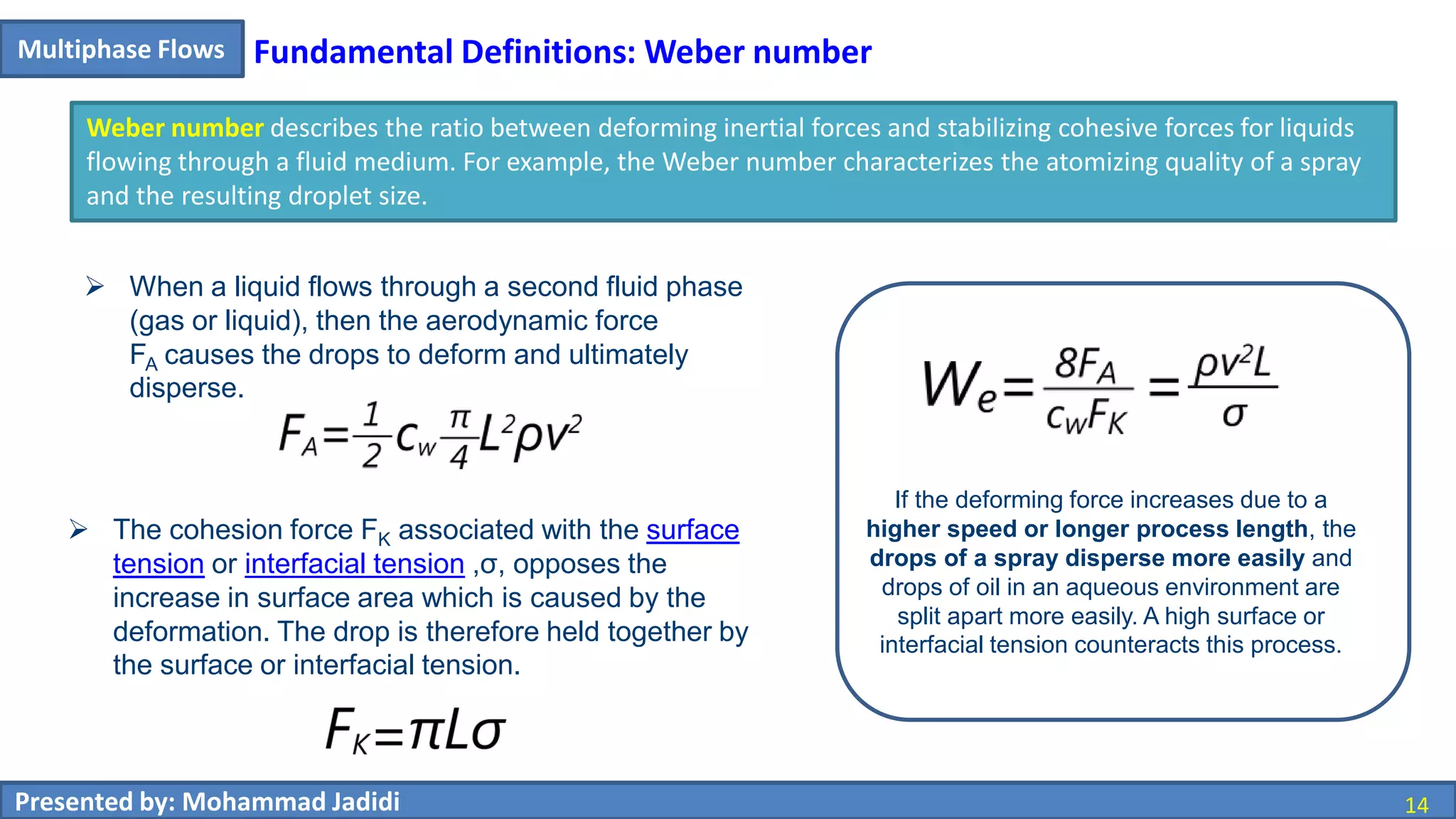 14Presented by: Mohammad Jadidi 14
Multiphase Flows Fundamental Definitions: Weber number
Weber number describes the ratio between deforming inertial forces and stabilizing cohesive forces for liquids
flowing through a fluid medium. For example, the Weber number characterizes the atomizing quality of a spray
and the resulting droplet size.
 When a liquid flows through a second fluid phase
(gas or liquid), then the aerodynamic force
FA causes the drops to deform and ultimately
disperse.
 The cohesion force FK associated with the surface
tension or interfacial tension ,σ, opposes the
increase in surface area which is caused by the
deformation. The drop is therefore held together by
the surface or interfacial tension.
If the deforming force increases due to a
higher speed or longer process length, the
drops of a spray disperse more easily and
drops of oil in an aqueous environment are
split apart more easily. A high surface or
interfacial tension counteracts this process.
 