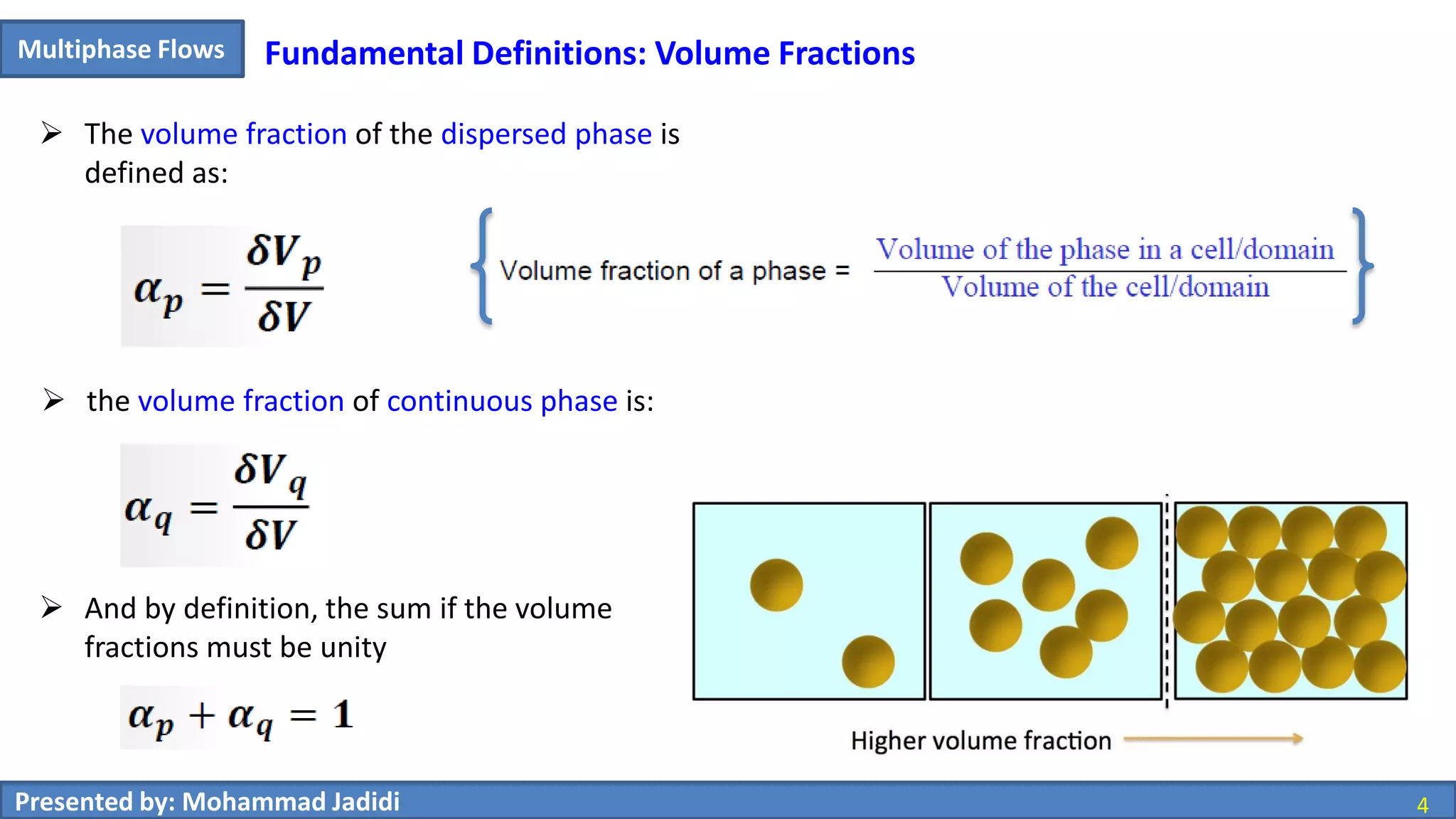 4Presented by: Mohammad Jadidi 4
Multiphase Flows Fundamental Definitions: Volume Fractions
 The volume fraction of the dispersed phase is
defined as:
 the volume fraction of continuous phase is:
 And by definition, the sum if the volume
fractions must be unity
 