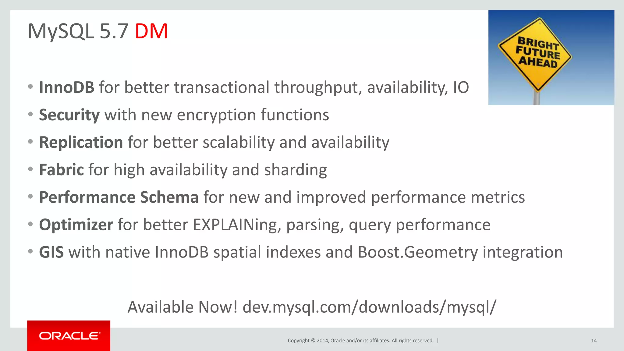 Copyright © 2014, Oracle and/or its affiliates. All rights reserved. |
MySQL 5.7 DM
• InnoDB for better transactional throughput, availability, IO
• Security with new encryption functions
• Replication for better scalability and availability
• Fabric for high availability and sharding
• Performance Schema for new and improved performance metrics
• Optimizer for better EXPLAINing, parsing, query performance
• GIS with native InnoDB spatial indexes and Boost.Geometry integration
Available Now! dev.mysql.com/downloads/mysql/
14
 