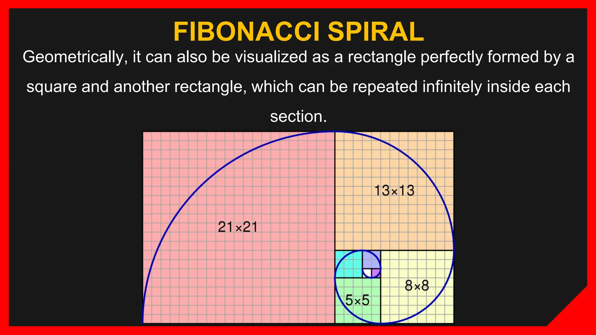 FIBONACCI SPIRAL
Geometrically, it can also be visualized as a rectangle perfectly formed by a
square and another rectangle, which can be repeated infinitely inside each
section.
 
