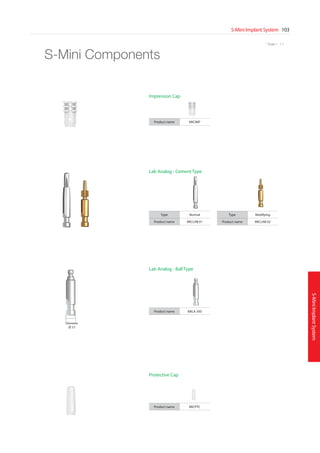 S-Mini Implant System 103
S-MiniImplantSystem
* Scale 1 : 1.1
S-Mini Components
Type Normal
Product name MICLAB 01
Type Modifying
Product name MICLAB 02
Lab Analog - Cement Type
Product name MICIMP
Impression Cap
Product name MICPTC
Protective Cap
Lab Analog - Ball Type
Product name BALA 350
Diameter
3.5
 