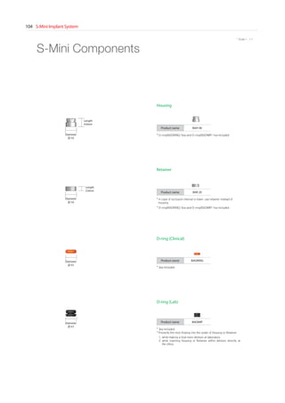 S-Mini Implant System104
* Scale 1 : 1.1
Product name BAR 20
Diameter
5.0
Length
2.0mm
Retainer
Product name BAH 40
Diameter
5.0
Length
4.0mm
Housing
S-Mini Components
Product name BAORINGDiameter
4.5
O-ring (Clinical)
Product name BAOIMPDiameter
4.5
O-ring (Lab)
* 3ea Included
* Prevents the resin flowing into the under of Housing or Retainer
1. while making a final resin denture at laboratory.
2. while inserting Housing or Retainer within denture directly at
the office.
* O-ring(BAORING) 5ea and O-ring(BAOIMP) 1ea Included
* 3ea Included
* O-ring(BAORING) 5ea and O-ring(BAOIMP) 1ea Included
* In case of occlusion interval is lower, use retainer instead of
housing
 
