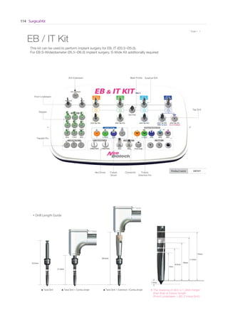 Surgical Kit114
* Scale 1 : 1
EB / IT Kit
Surgical DrillMulti ProfileDrill Extension
Parallel Pin
Point Lindemann
Fixture
Direction Pin
Fixture
Driver
Tap Drill
Hex Driver Connector
Stopper
This kit can be used to perform implant surgery for EB, IT (Ø3.5~Ø5.0).
For EB S-Wide(diameter Ø5.5~Ø6.0) implant surgery, S-Wide Kit additionally required
Drill Length Guide
33.5mm
21.5mm
38.5mm
▲ Twist Drill ▲ Twist Drill + Contra Angle ▲ Twist Drill + Extention +Contra Angle
Product name EBITKIT
13mm
11.5mm
10mm
8.5mm
7mm
1.3mm
※ The marking of drill is 1.3mm longer
than that of fixture length
(Point Lindemann / Ø2.2 Initial Drill)
mm
 