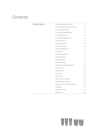 Contents
IS Implant System IS-II active Fixture(S.L.A. Surface) 16
IS-II active S-Wide Fixture(S.L.A. Surface) 17
IS-II Fixture(RBM Surface) 18
IS-II S-wide Fixture(RBM Surface) 19
IS Fixture(RBM Surface) 20
IS S-Wide Fixture(RBM Surface) 21
Healing Abutment 22
Temporary Abutment 24
Prosthetic Flow Chart 25
Excellent Solid Abutment 29
Hex Abutment 30
SCRP multi Abutment 31
Non-Hex Abutment 32
Angled Abutment 33
Shapable Abutment 35
UCLA Abutment(Gold/CCM/Plastic) 36
Protective Cap 38
Impression Cap 38
Lab Analog 39
Plastic Coping 39
Pick-up Impression Coping 40
Transfer Impression Coping 42
Transfer Impression Coping Positioner 43
Lab Analog 43
Multi Unit Abutment 44
Ball Abutment 46
 