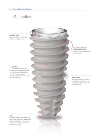 IS Internal Submerged System14
* Scale 1 : 1.1
BioSeal(0.5mm)
Increase sealing of soft tissue
and minimize bone loss
S.L.A. Surface
S.L.A. Surface is method that
make rough surface by blasting
on machined implant surface
with HA(Hydroxy Apatite)
particle smaller than 50 and
dual acid-etching. Magic Thread
Specially designed to endure
vertical force and lateral pres-
sure effectively by lower half
triangle thread
Coronal Macro Thread
(Thread pitch 0.8mm)
Excellent primary stability at
cortical bone
Apex
Powerful and well-defined thread
exist at the peak of the apex. Initial
fixation at the apex is excellent to
both immediate placement and
immediate loading
IS-II active
 