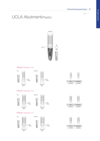 IS Internal Submerged System 37
ISImplantSystem
* Scale 1 : 1.1
UCLA Abutment(Plastic)
Diameter
4.5
Diameter
4.5
Diameter
5.2
Diameter
5.2
Diameter
5.7
Diameter
5.7
Cuff
1.0mm
Cuff
1.0mm
Cuff
1.0mm
Cuff
1.0mm
Cuff
1.0mm
Cuff
1.0mm
Cuff
Diameter
Diameter 4.5
Diameter 5.2
Diameter 5.7
Hex Non-hex
ISUPH400 ISUPN400
Hex Non-hex
ISUPH500 ISUPN500
Hex Non-hex
ISUPH600 ISUPN600
Hex
Hex
Hex
Non-hex
Non-hex
Non-hex
Hex
1.2
 